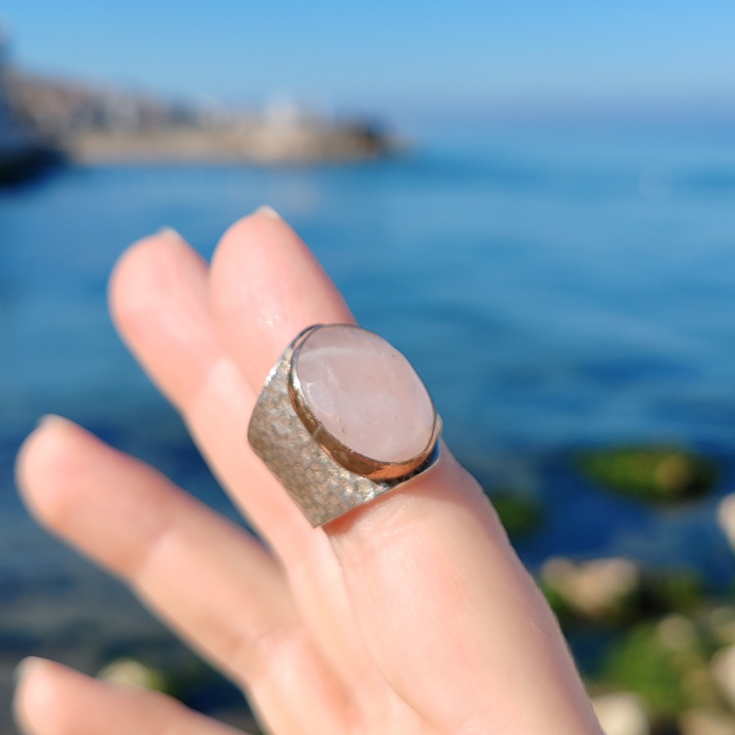 PEMBE KUVARS GÜMÜŞ YÜZÜK (Bileklik Hediyeli)